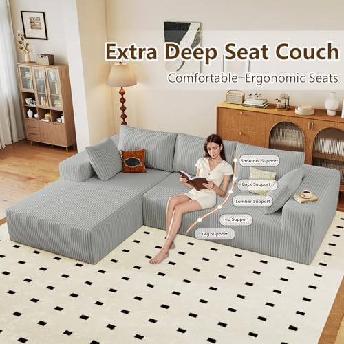 Image of 96 inch Modular Sectional Couch, Boneless L Shaped Cloud Sofa with Chaise Lounge, Corduroy Upholstered Couches Memory Foam Deep Seat, No Assembly Required, Ideal for Living Room(Light Gray, Left Facing)