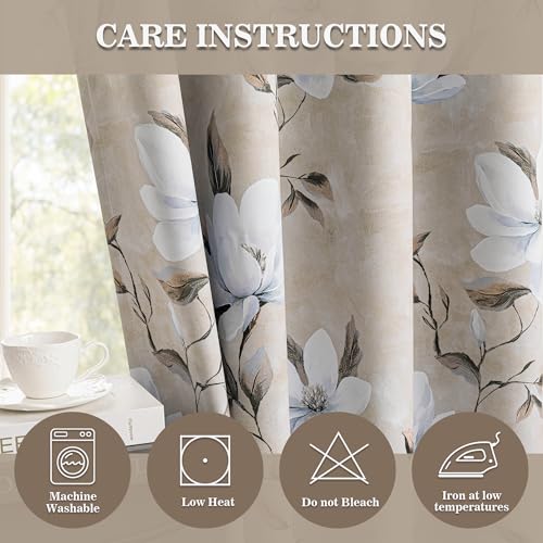 Image of MYSKY HOME Floral Short Blackout Curtains 45 Inches Long 2 Panels Set Black Out Thermal Insulated Privacy Protect Energy Efficient Boho Spring Flower Print for Living /Dining Room, 52 inch W, Khaki