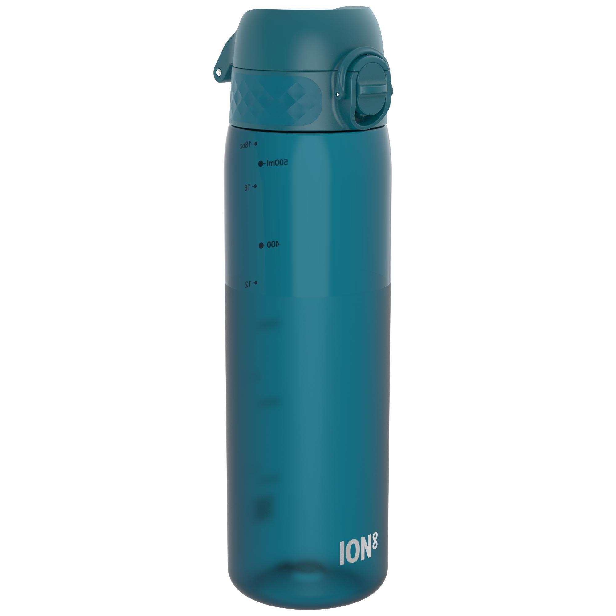 Ion8 Water Bottle, 500 ml/18 oz, Leak Proof, Easy to Open, Secure Lock, Dishwasher Safe, BPA Free, Hygienic Flip Cover, Carry Handle, Fits Cup Holders, Easy Clean, Carbon Neutral, Half Cut Deep Teal