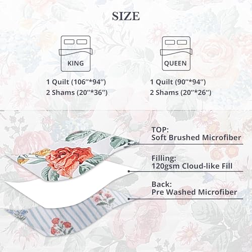 WRENSONGE Floral Quilt Set King Size, 3 Piece Reversible Lightweight Soft Bedspread Coverlet, Garden Farmhouse Botanical Diamond Stitched Bedding Set with 2 Pillow Shams for All Seasons — view 5