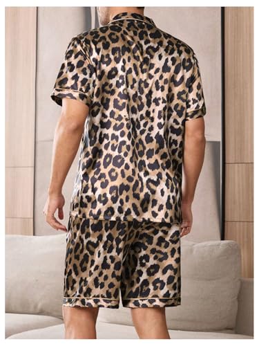 Men's 2 Piece Satin Silk Pajama Sets Leopard Button Down Shirts and Shorts Cheetah Loungewear Sleepwear Pjs2
