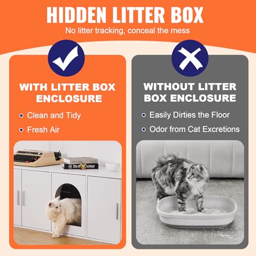 VEVOR Katzenschrank für Katzentoilette, Katzenhaus versteckt mit Doppelräumen, Katzenklo Schrank aus Holz passt in die meisten Katzentoiletten, Katzenmöbel 1,47 x 0,46 x 0,45 m, weiß