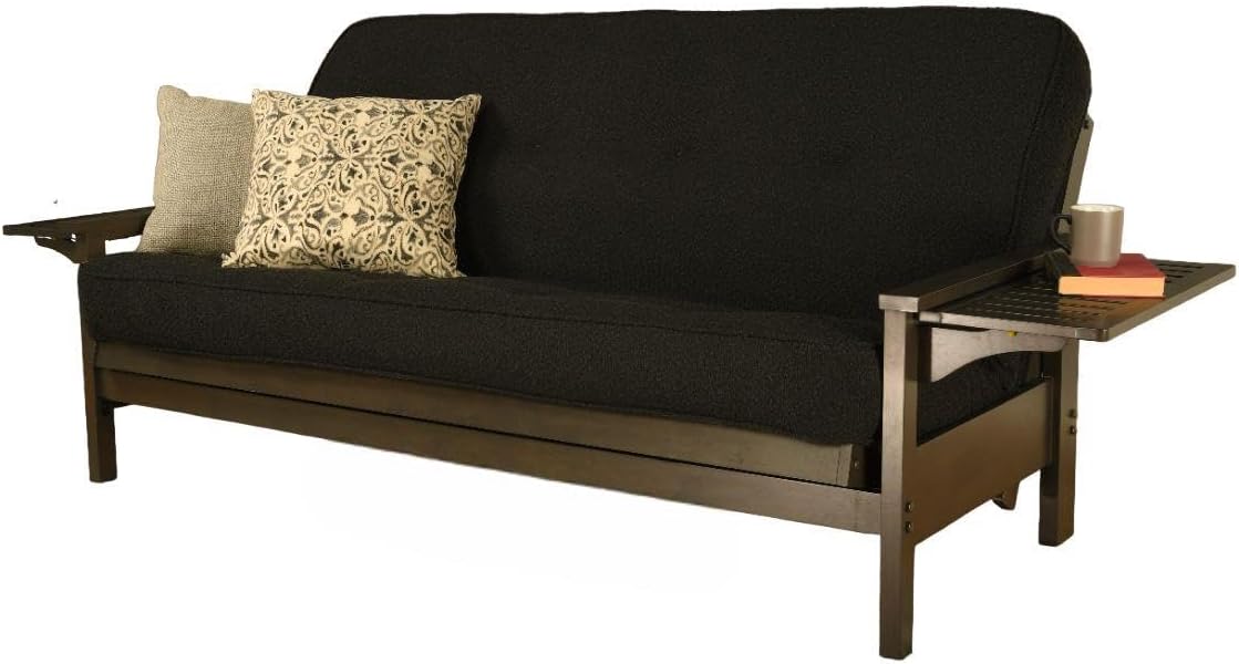 FutonX Graystone Wood Futon Frame with Practical Tray armrests, and Innerspring Mattress Full Size Sofa Bed Sleeper (Black Felt)