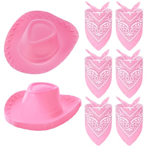 Hillban 12 Pack Cowboy Hat and Bandana Set, Cowgirl Hats Felt Cowboy Party Hats Bulk Western Bandanas for Party Costume(Pink)
