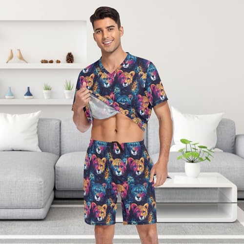 Laprad Men's Pajamas Set Short Sleeve Sleepwear Comfortable Loungewear Cheetah Animal with Pockets Nightwear4