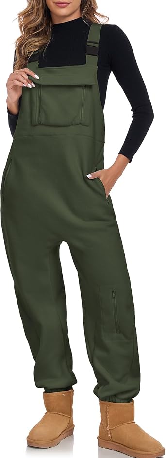 ALSOGO Womens Fleece Warm Overalls Winter Adjustable Strap Bibs Loose Casual Jumpsuits Fuzzy Ski Pants with Pockets
