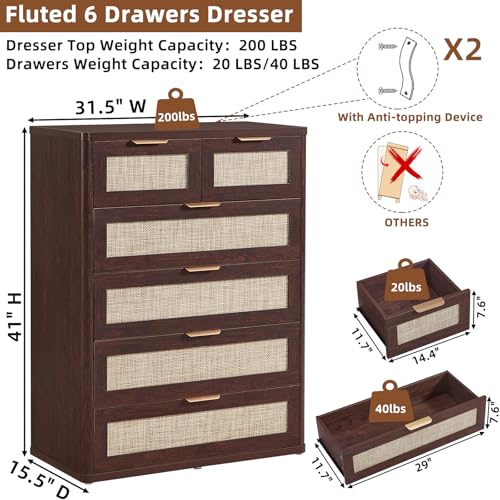 Image of LEYAOYAO Rattan Dresser for Bedroom Set of 2, 41 inch Tall Chest of Drawers, Modern 6 Drawers Boho Dressers with Storage, Vintage Brown Dresser Wooden Closet Organizer for Living Room, Hallway