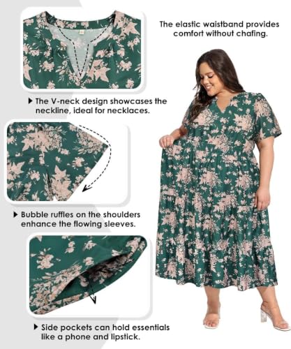 Image of TIYOMI Women Plus Size Dress Boho V Neck Short Sleeve Beach Maxi Dresses Floral /Stripe /Leaves /Lemon XL-5XL