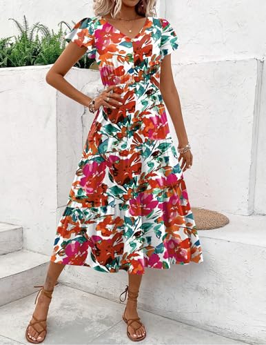 Image of Zeagoo Women Dresses Summer Flutter Sleeve Sleeve V-Neck Button Front Beach Sundress