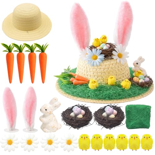 MUNSKT Easter Bonnet Kit Easter Make Your Own Hat Craft Set with Chick Bunny Carrot Rabbit Ears Nest Grass Flower for Easter Egg Hunt Activity