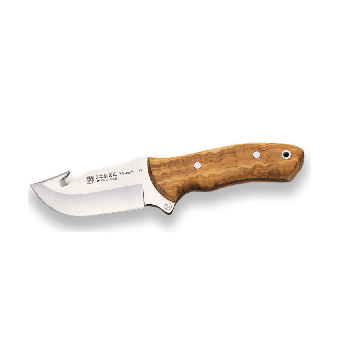 Joker Cuchillo desollador Profesional Venado CO65, con desgarrador en el Lomo, con cachas de Olivo y Hoja de 10 cm, Funda de Cuero, Herramienta de Pesca, Caza, Camping y Senderismo