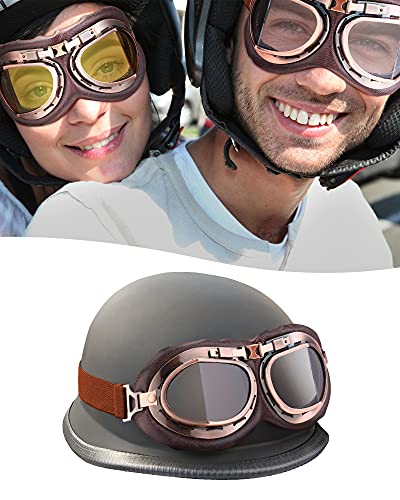 Frienda 3 Pieces Motorcycle Goggles Vintage Pilot Style Cruiser Scooter Goggle Dustproof Windproof For Half Helmet (Grey, Clear, Yellow) #TOP6