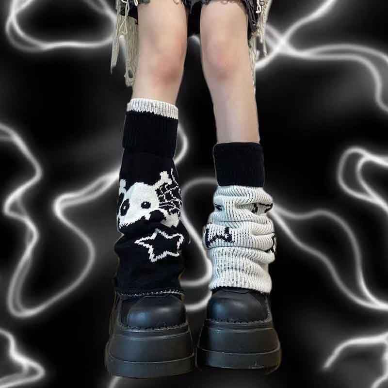 BXCNCKD Gothic Skull Print Two Side Wear Knitted Leg Warmers Socks Y2k Star Punk Girls Japanese Kawaii Streetwear Leg Cover3