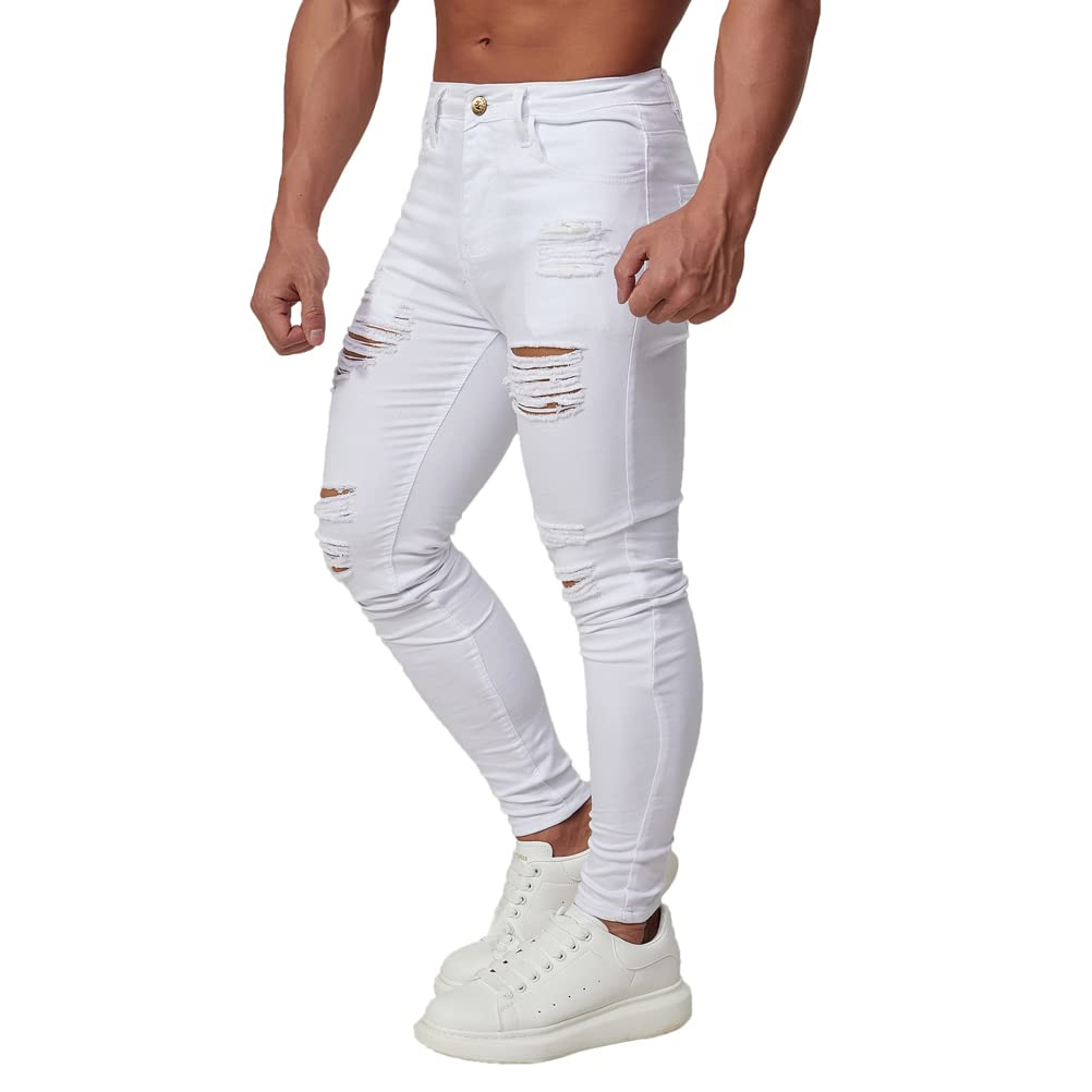 Men's Blue Slim Fit Jeans Stretch Destroyed Ripped Skinny Jeans Side Striped Denim Pants