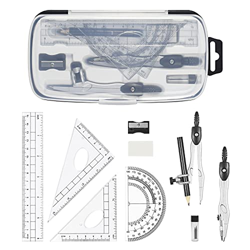 math geometry kit sets 10 piece student supplies with shatterproof storage boxincludes rulersprotractorcompasseraserpencil sharpenerlead refillspencilfor drafting and drawingsblack