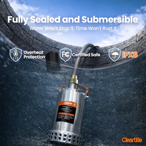 Image of Cleartide Stainless Steel Submersible Water Sump Pump with Float Switch, 1 /2 HP, 3060 GPH Ideal for Pool, Yard, Flooded Cellar & Basement, Hot Tub, Pond, and Garden Draining, 10 FT Cord