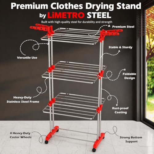 Image of LiMETRO STEEL Premium Clothes Drying Stand Foldable with Wings | Heavy Duty Steel Clothes Stand | Rust Proof Cloth Dryer Stand | Space Saving Clothes Drying Rack for Balcony & Indoor Use