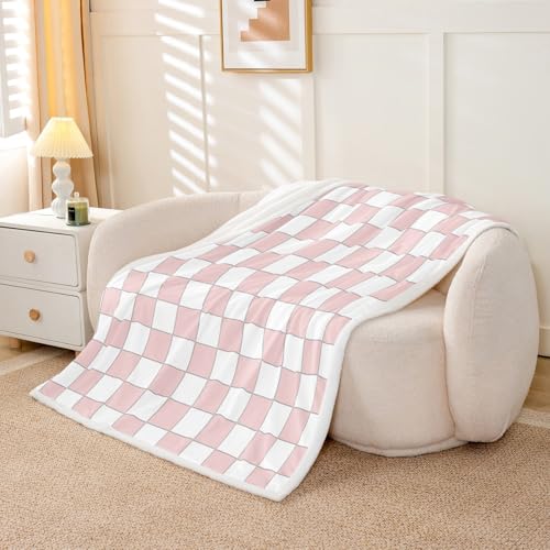 Image of Erosebridal White Pink Plaid Throw Blanket Twin 60 inchX80 inch Light Pink Checkerboard Fleece Bed Blanket for Kids Girls Teen,Checkered Grid Sherpa Blanket Modern Aesthetic Geometric Fuzzy Blanket
