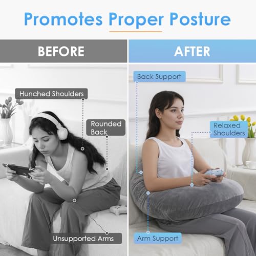 Image of QUEEN ROSE Reading Pillow, Gaming Pillow for Lap, Sitting in Bed or Sofa, Extra Arm Rest for Reading, Playing or Crocheting, Soft Velvet Grey