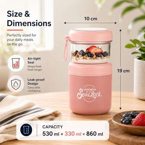 Image of 2 Layer Insulated Lunch Box with Airtight Snack Container & Spoon | Leakproof Bento Lunch Jar | 304 Stainless Steel Inner | Portable Food Container for Office, School, Travel (Pink - 860ml)