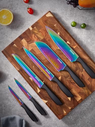 Miniatura 6 de D.Perlla Cuchillos de Cocina, 16 Piezas Arcoíris Recubrimiento de Titanio Juego de Cuchillos de Cocina, Acero Inoxidable de Alto Carbono, Afilado y Antioxidante, con Soporte Acrílico y sacapuntas