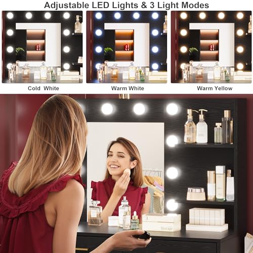 61" Make up Vanity Desk with Mirror and Lights, Black Vanity with 8 Wide Storage Drawers & 2 Tier Shelves, 3 Lighting Modes with Adjustable Brightness for Bedroom