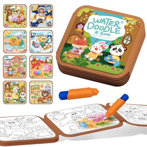 Libro di Attività Riutilizzabile per Rivelare l'Acqua, 8 Pagine, Giocattoli da Viaggio per Disegnare e Colorare Senza Disordine, Dipingere con Acqua per Bambini dai 3-7 anni