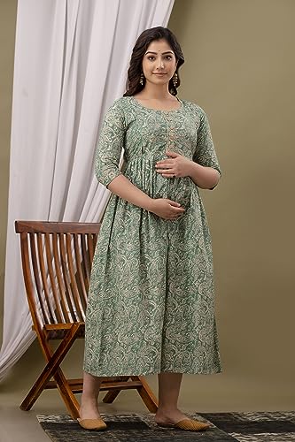 Image of Maternity Feeding Kurti for Women | Cotton Blend Anarkali Dress with Nursing Zip for Pre & Post Pregnancy
