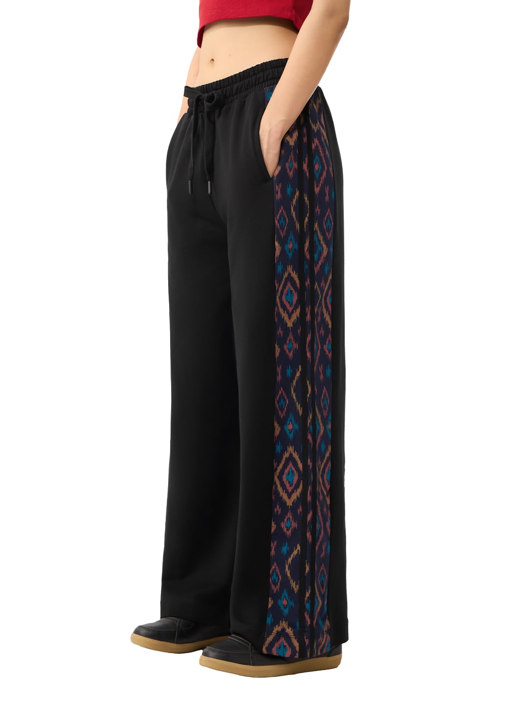 the souled store Ikat Trail Women and Girls Drawstring Waist Black Geometric Ethnic Printed Cotton Knit Wide Leg Fit Breathable Smooth Lightweight All-Season Joggers-picture-41