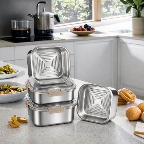 Image of Stainless Steel 2600ml Food Storage Container /Bento Lunch Box with Airtight Lid & Handle | Leakproof, Fridge & Freezer Safe Meal Prep Container for Fruits, Vegetables, Meat & Leftovers