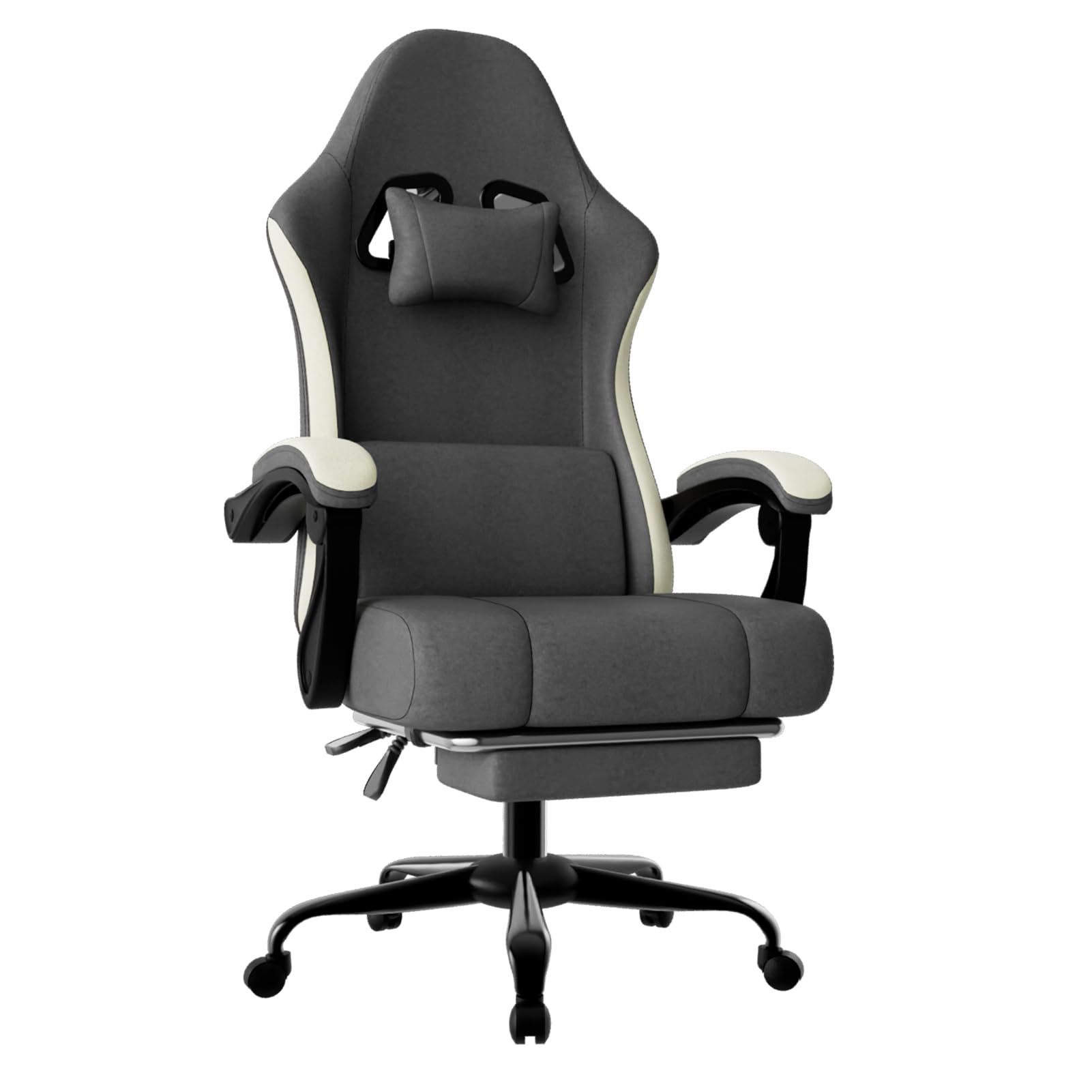 Gaming Chair with Pocket Springs and Footrest, Ergonomic Office Chair with Adjustable Lumbar Cushion, Gamer Chair Supports up to 150 kg and Includes Headrest (Fabric, Grey)