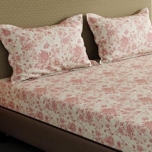 Image of Layers 100% Cotton Bedsheet for King Size Bed | Lumina Floret Collection | 144 TC Soft & Breathable | Floral Print with 2 Pillow Covers | Wrinkle Free & Colorfast | 3 Piece Bedding Set - Pink