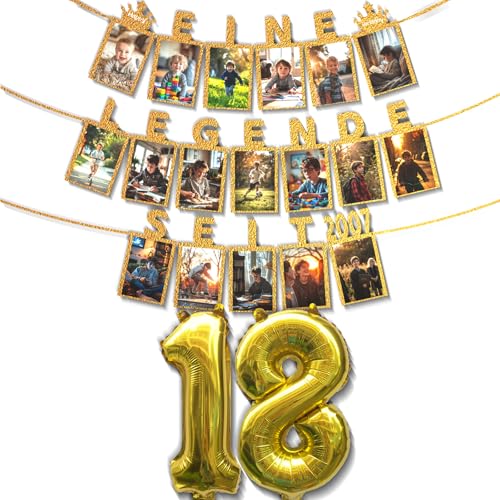 Deko Fotogirlande 18. Geburtstag Junge/Mädchen - EINE LEGENDE SEIT 2007 - 18 Glitzerkarten Kann 6-Zoll-Fotos von 1 bis 18 Jahren einfügen, Luftballons mit 18 Jahre alten Zahlen Party Deko (Blau)
