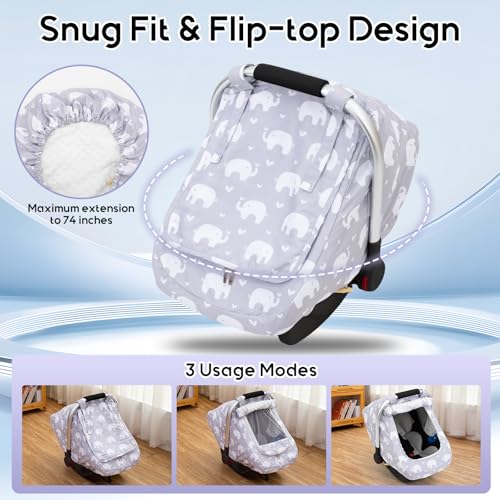 Image of Baby Car Seat Cover, Mink Warm Infant Car Seat Cover for Girls Boys, Universal Carseat Cover with Mesh Peep Window & Sun Shade, Baby Carrier Canopy Cover for Winter Autumn
