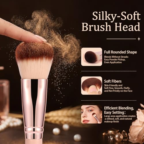 Image of Makeup Brush, Large Face Makeup Brush for Foundation, Powder, Blush, Bronzer and Contour, Soft Dense Synthetic Bristles, Rounded Perfecting Brush with Pink Handle and Rose Gold Ferrule