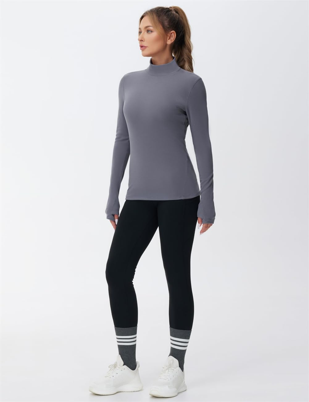 Camicie termiche da donna a maniche lunghe con collo alto, in pile, a maniche lunghe, girocollo, Grigio scuro, L