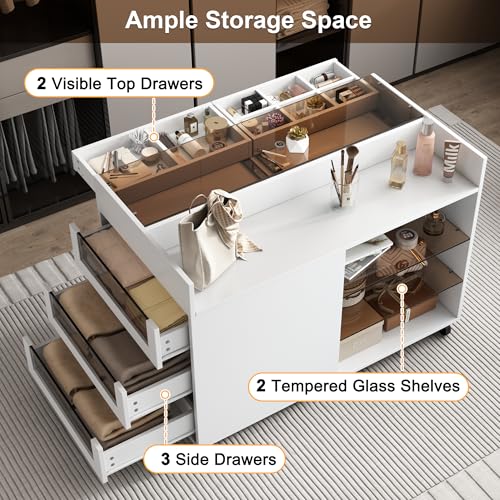 Image of JIVOIT Movable Storage Cabinet Island, 43.3 inch Multi-Functional Island with 3 Side Drawer, a Reversible Top Storage Space and Two Glass Display Shelves, Vanity Table
