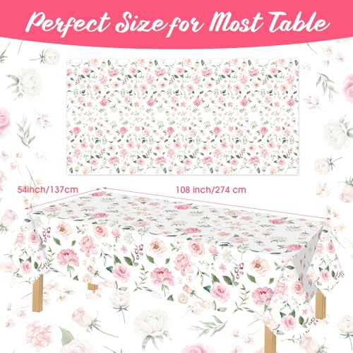 Image of Ganeen 3 Pcs Pink Floral Tablecloth Disposable Plastic Table Covers Wildflower Waterproof Tablecloth for Baby Shower Birthday Wedding Mothers Day Tea Party Supplies and Decor, 54 x 108 Inch