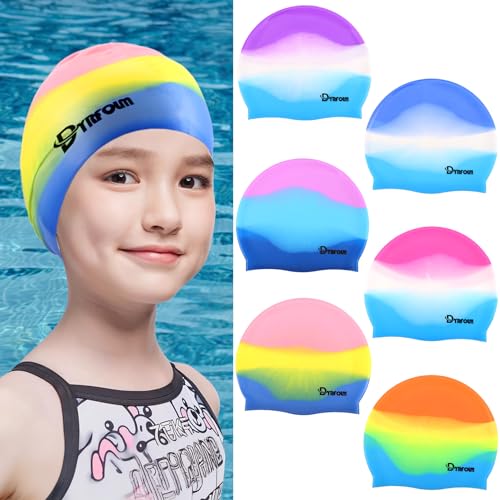 Dyrfolm 6 Pieces Kids Swim Caps,Silicone Swim Cap,Toddlers Swimming Caps,Kids Swim Caps for Boys Girls,Waterproof Swimming Hat,Elastic Bathing Caps for Short Hair to Keep Hair Dry