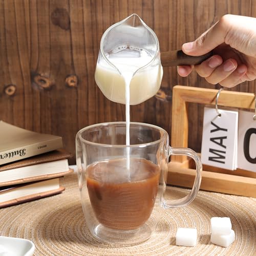 Image of Joeyan 6 oz Glass Measuring Cup with Double Spouts,Borosilicate Espresso Shot Glasses with Wooden Handle,Claer Measuring Triple Milk Frothing Pitcher for Coffee Tea