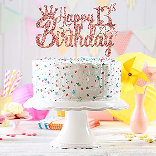 Image of FestikoRose Gold Glitter Happy 13th Birthday Cake Topper for Cheers to 13 Years /Teens 13th Birthday Party Decorations Supplies - High Grade Color
