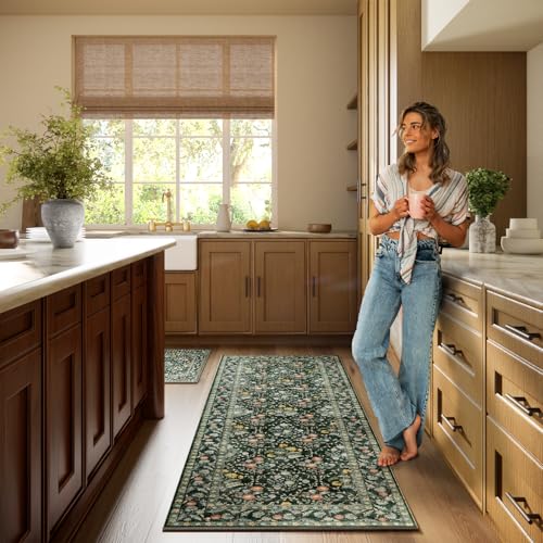 Image of Vintage Botanical Dark Green Washable Runners for Hallways, 2x6 Runner Rug Non Slip Ultra-Thin, Boho Soft Hallway Rug Forest Green Carpet for Kitchen Bedroom Bathroom Laundry Room