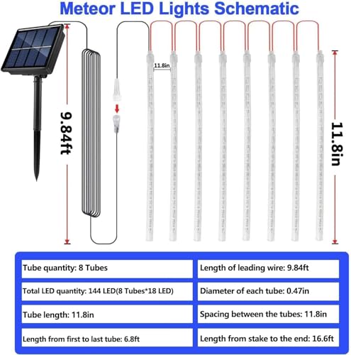EctronyX Guirnalda de Luces Solares en Forma de Lluvia de Meteoros, 144 LED 8 Tubos IP65 Impermeable, Luz Solar Exterior para Jardín, Patio, Bodas, Navidad y Decoración de Fiestas - imagen 4