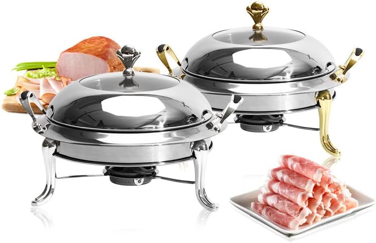Round Buffet ChaferStainless Steel Chafing Dish Full Size Warmer Buffet Dish Catering Pan with Visible LidFood Pan and Fuel HolderSilver24cm,Gold-22cm