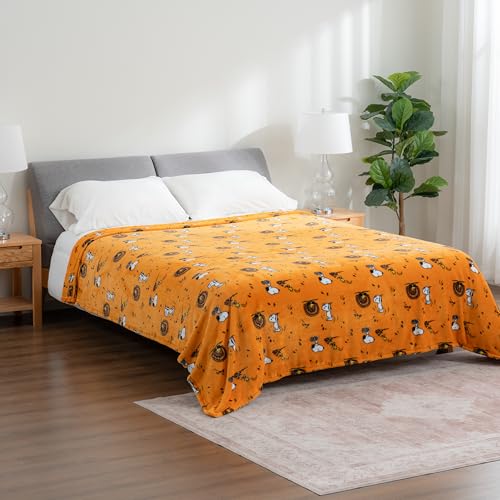 Image of Berkshire Blanket Peanuts VelvetLoft Cute Character Snoopy Plush Blanket,Snoopy and Woodstock Fall Birds & Leafs Orange,King 90 in x 108 in (Official Peanuts Product)