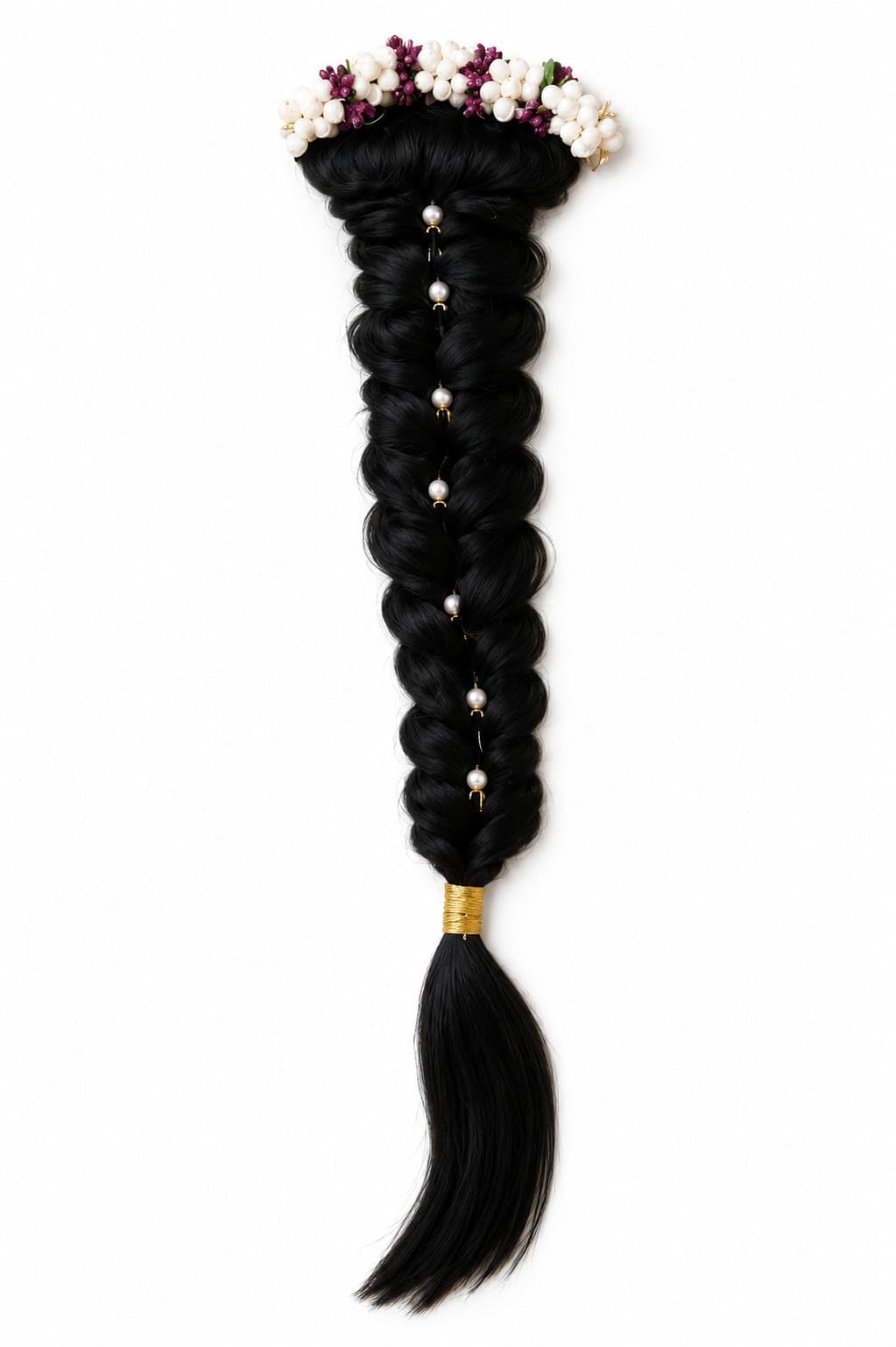 Premium Artificial Hair Braid with pearl and White & Maroon Flower Gajra | Traditional Long Black Hair Extension | Messy Fishtail Braid for Women & Girls | Bridal, Temple Dance, Wedding & Festival Hair Accessory-image-38