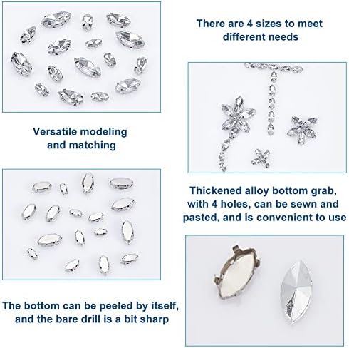 PandaHall Elite 200pcs 4 Sizes Sew on Horse Eye Faceted Glass Rhinestone Flatback Crystal Rhinestones with Brass Findings 4-Hole Bead Charm for Clothing Wedding Dress Decoration, Clear