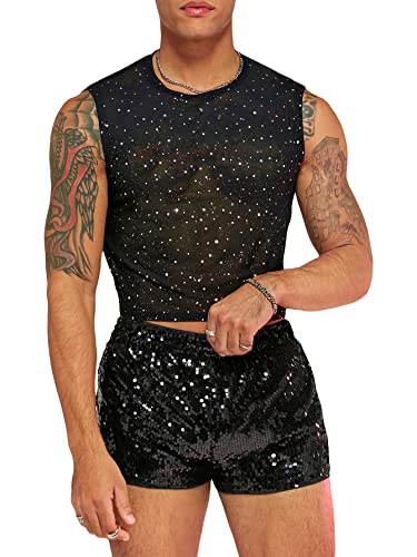WDIRARA Men's 2 Piece Outfit Rhinestone Sequin Lace Mesh Crop Tank Top and Shorts Set Black M