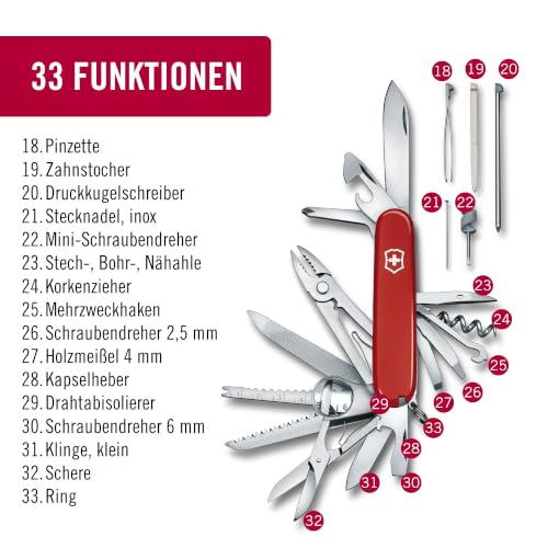 Victorinox Schweizer Taschenmesser Gross, Swiss Champ, Swiss Army Knife, Multitool, 33 Funktionen, Klinge, Korkenzieher, Schraubendreher, Rot