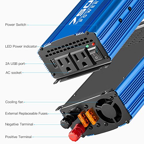 Kinverch 750W Continuous/1500W Peak Power Inverter Dc 12V To 110V Car Converter Ac With 2 Ac Outlets And 2A Usb Charging Port #TOP2